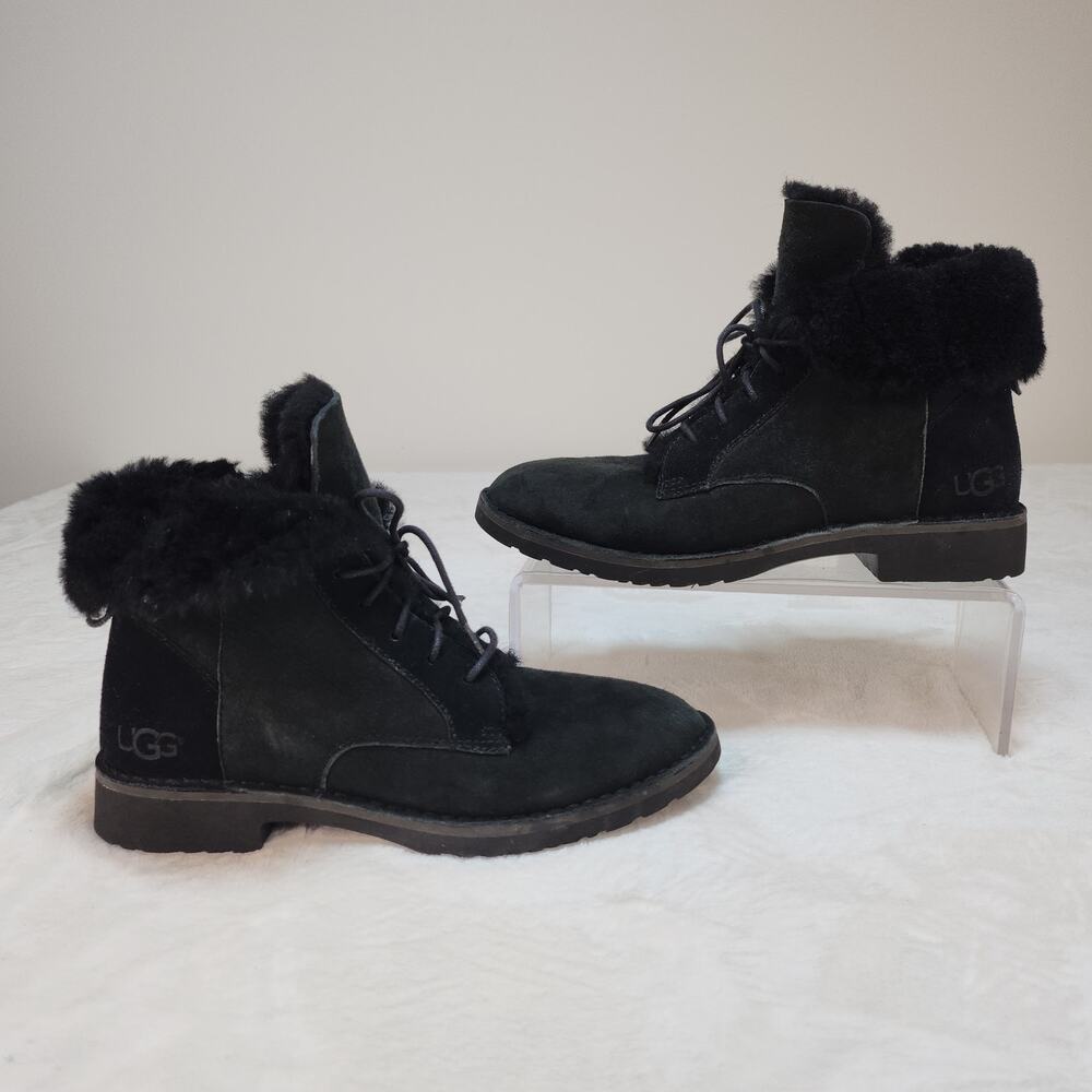 Ugg Black Shearling Combat Boots 7 Suede Quincy Gorpcore Luxe Apres Ski Heeled